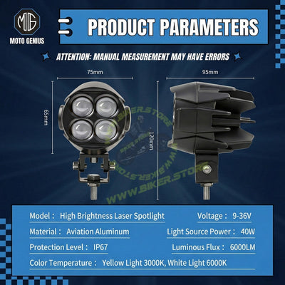 MOTO GENIUS Dual Color DRL Laser Shooting Headlight, 4 LED High Intensity Spot Light, 9–36V Off-Road Fog Lamp for Truck, Motorcycle, Car & Boat (Pack of 2)