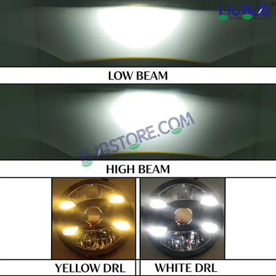 HJG New 4 Dot DRL 100W Projector Ultra Wide 7 Inch Headlight Assembly C-188 White LED Headlight New Model Projector Headlight Assembly for Royal Enfield | 100W CREE/Osram LED Chip Multi color White/Yellow Compatible with Royal Enfield, Jeep, Thar, Gypsy - Biker.Store - www.biker.store
