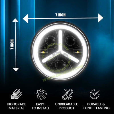 MOTO GENIUS 7 Inch Y Round LED Round Headlight for Royal Enfield & Thar | High/Low Beam, Waterproof, Luminous Mode, Acrylic & Aluminum Construction, Durable, DRL, Bright LED (Y Design) - Biker.Store - www.biker.store