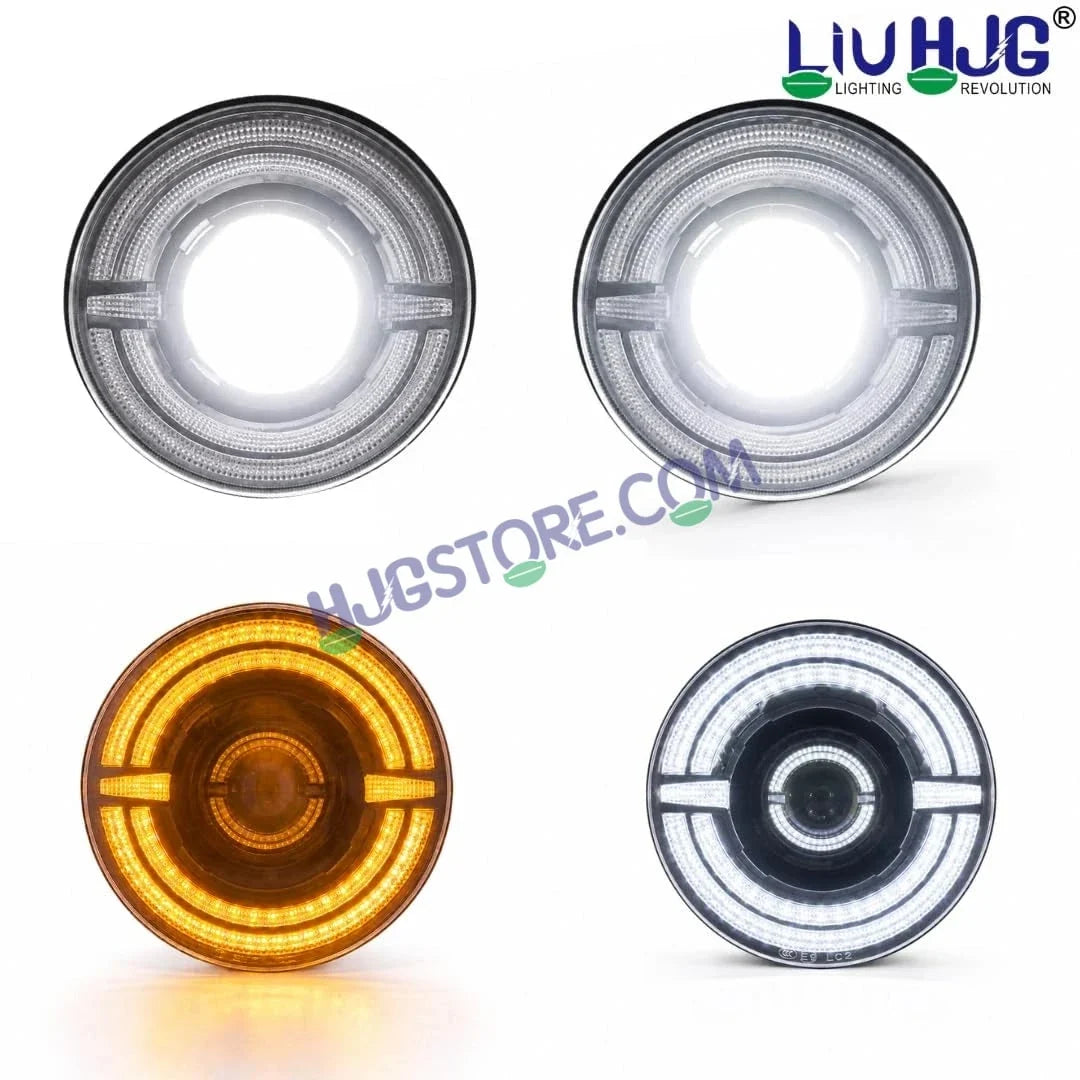 HJG C-319 Red Devil White Amber Halo Ring 7 Inch Headlight Assembly 93W Projector Ultra Wide Halo Ring C-319 White LED Headlight New Projector Headlight Assembly | 93W CREE/Osram LED Chip Multi DRL Compatible with Royal Enfield, Jeep, Thar, Gypsy - HJGstore.com