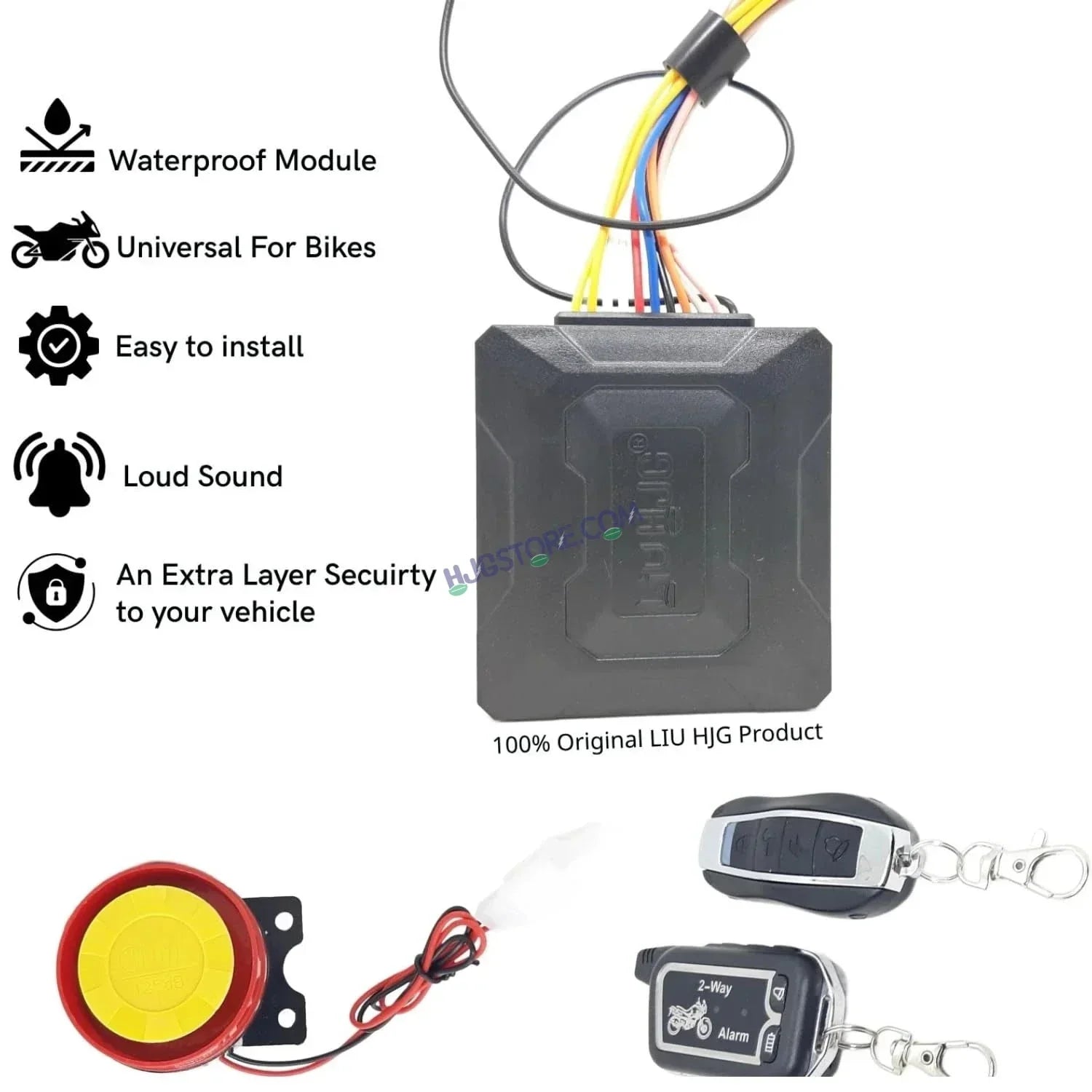 HJG Two Way Alarm System Kit Keyless Start Digital Bike Alarm Kit for Two Wheeler Security HJG Anti-Theft Alarm System Kit (Loud Siren 125 dB, Flashing Light & Shock Sensor) Universal Fit for Motorcycles & Scooters LIU HJG Keyless Two Way Alarm System Kit - Biker.Store - www.biker.store