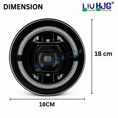 HJG C-199 Halo Ring 7 Inch Headlight Assembly White Amber 7 Inch Headlight Assembly 108W Projector Ultra Wide C-199 White LED Headlight New Projector Headlight Assembly | 108W CREE/Osram LED Chip Multi DRL Compatible with Royal Enfield, Jeep, Thar, Gypsy - HJGstore.com