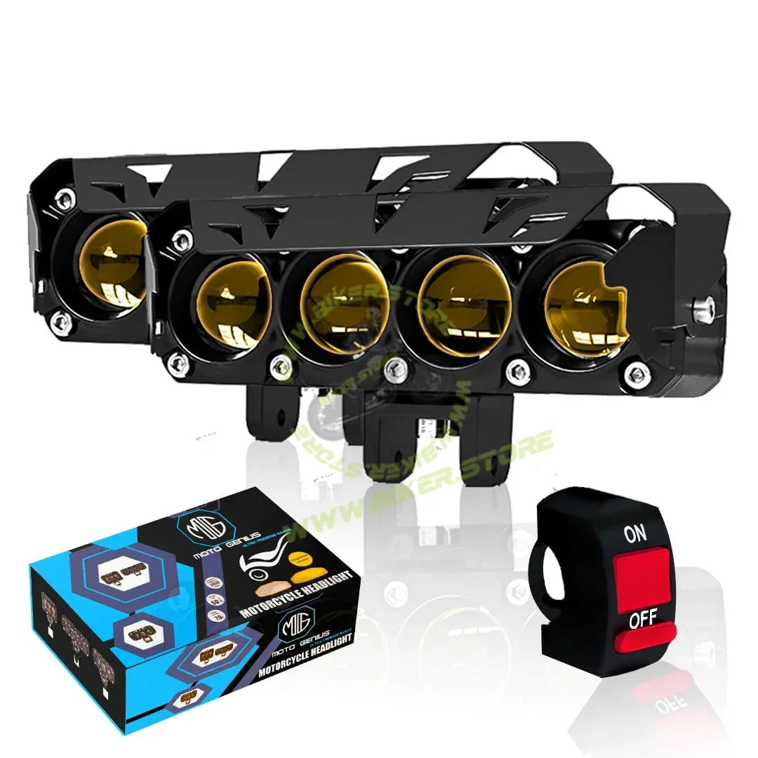 MOTO GENIUS Super Bright 4 LED Fog Light with Switch | Dual Mode and Changing Light, High Low Beam, Aluminum Body, Universal Fit for Motorcycle and Car (Pack of 2) - Biker.Store - www.biker.store