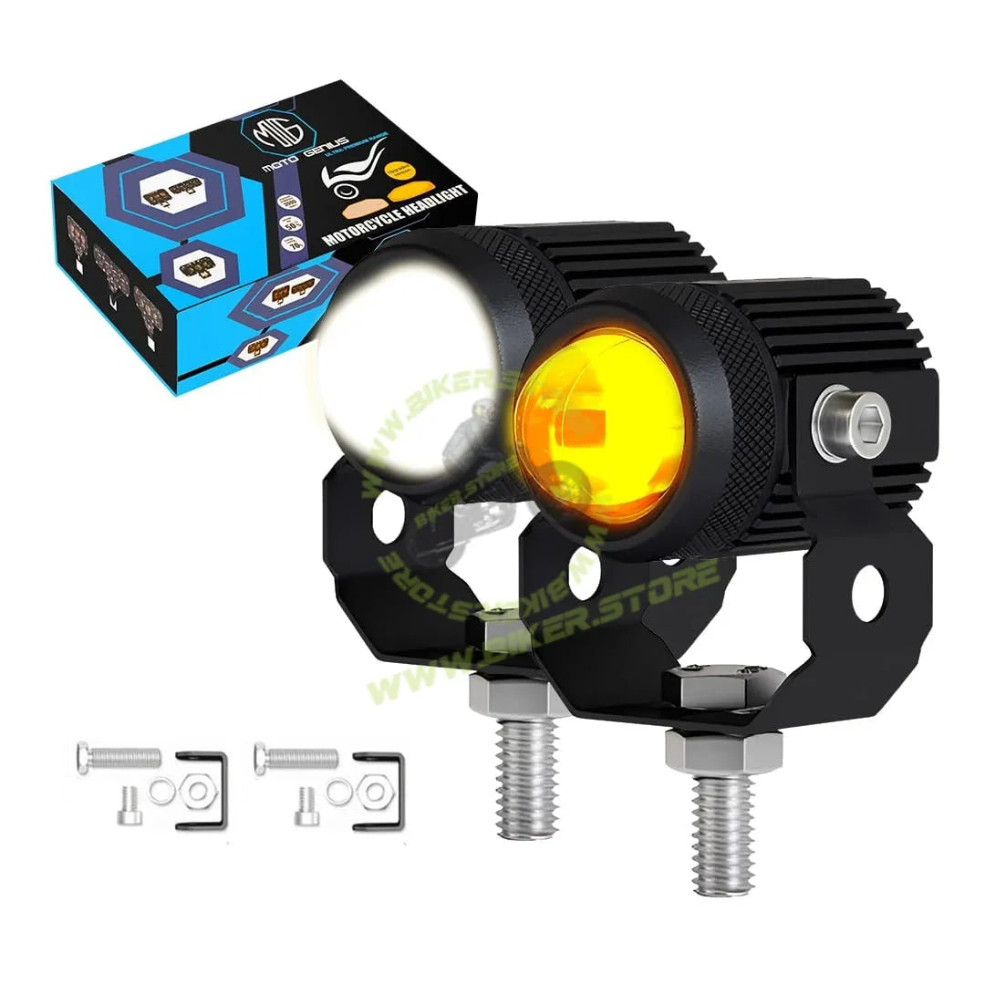 MOTO GENIUS 2PCS 25W Fog Light Projectors | 50W Total Power | Dual Beam Hi/Lo | White + Yellow LEDs | IP67 Waterproof | Universal for Car, Motorcycle, Scooter | Pack of 2 - Biker.Store - www.biker.store