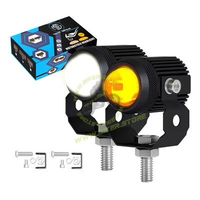 MOTO GENIUS 2PCS 25W Fog Light Projectors | 50W Total Power | Dual Beam Hi/Lo | White + Yellow LEDs | IP67 Waterproof | Universal for Car, Motorcycle, Scooter | Pack of 2 - Biker.Store - www.biker.store