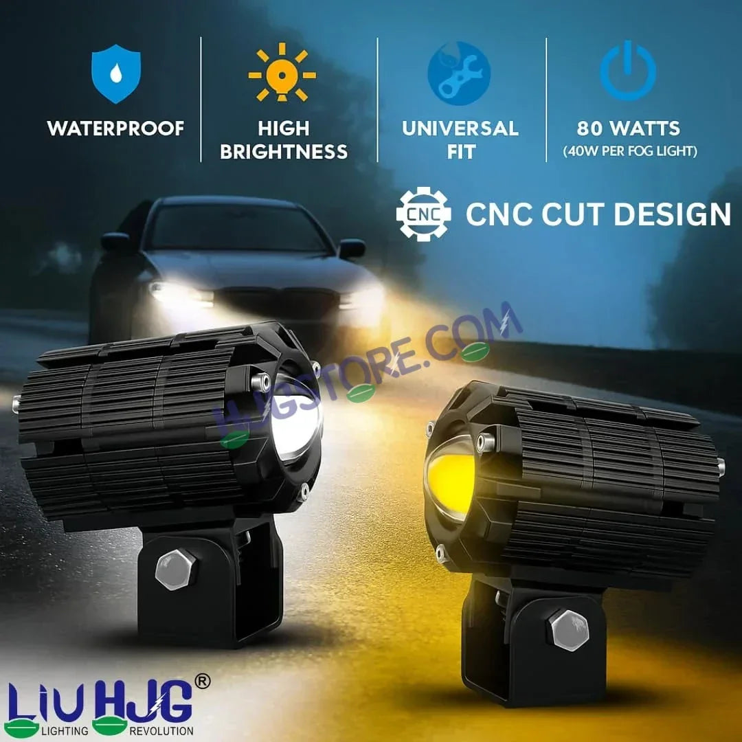 HJG CNC Mini Drive 80W Version 7 New Model Projector Foglight with Canbus Red DRL/White/Yellow Ultra Wide Dual Intensity 80W LED Fog Lights White/Yellow/White + Yellow/Red DRL Universal For All Cars & Bikes LIU HJG CNC Mini Drive 80W Version 7, Set of 2 - Biker.Store - www.biker.store