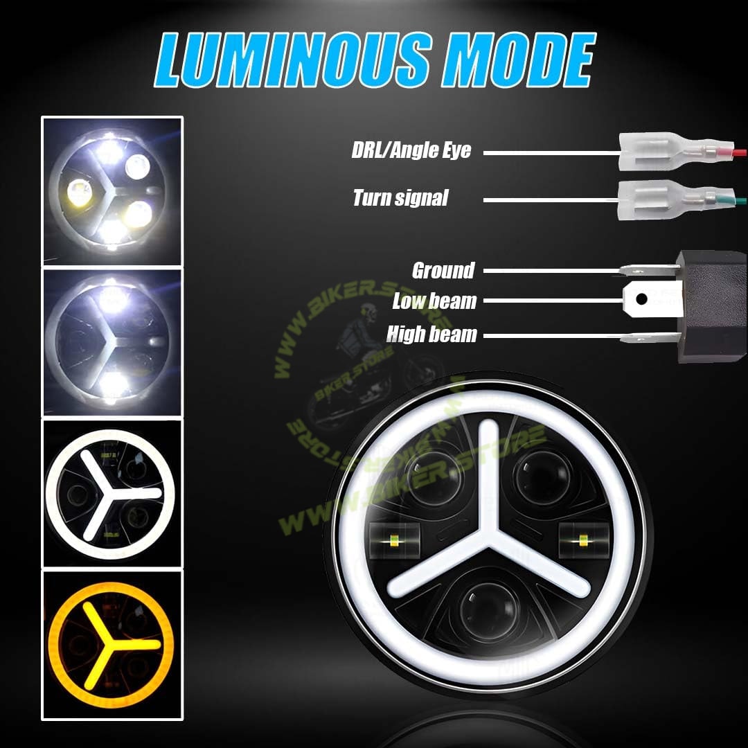 MOTO GENIUS 7 Inch Y Round LED Round Headlight for Royal Enfield & Thar | High/Low Beam, Waterproof, Luminous Mode, Acrylic & Aluminum Construction, Durable, DRL, Bright LED (Y Design) - Biker.Store - www.biker.store