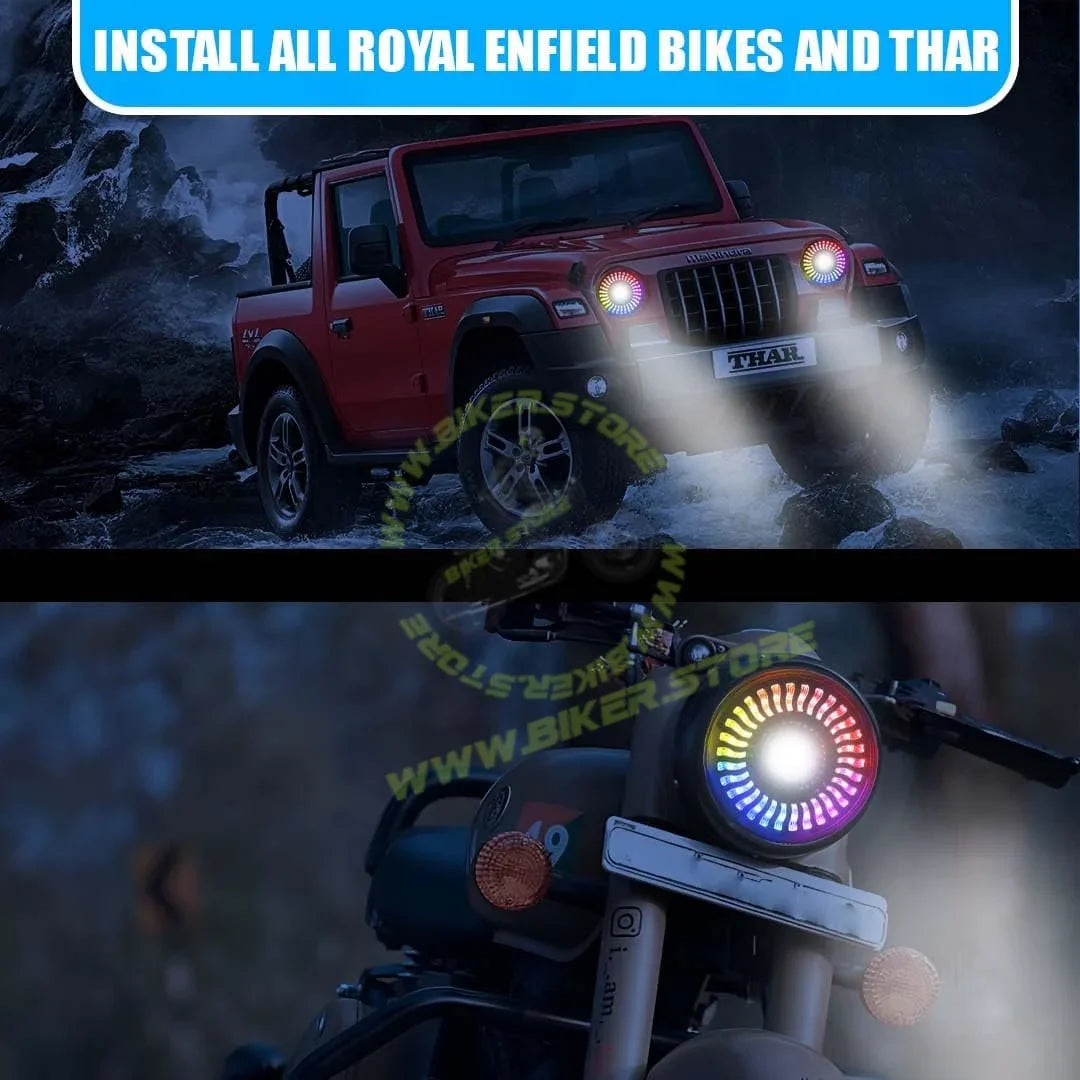 MOTO GENIUS 7 Inch RGB LED Round Headlight for Royal Enfield & Thar | High/Low Beam, Waterproof, Luminous Mode, Acrylic & Aluminum Construction, Durable, DRL, Bright LED (RGB Design) - Biker.Store - www.biker.store