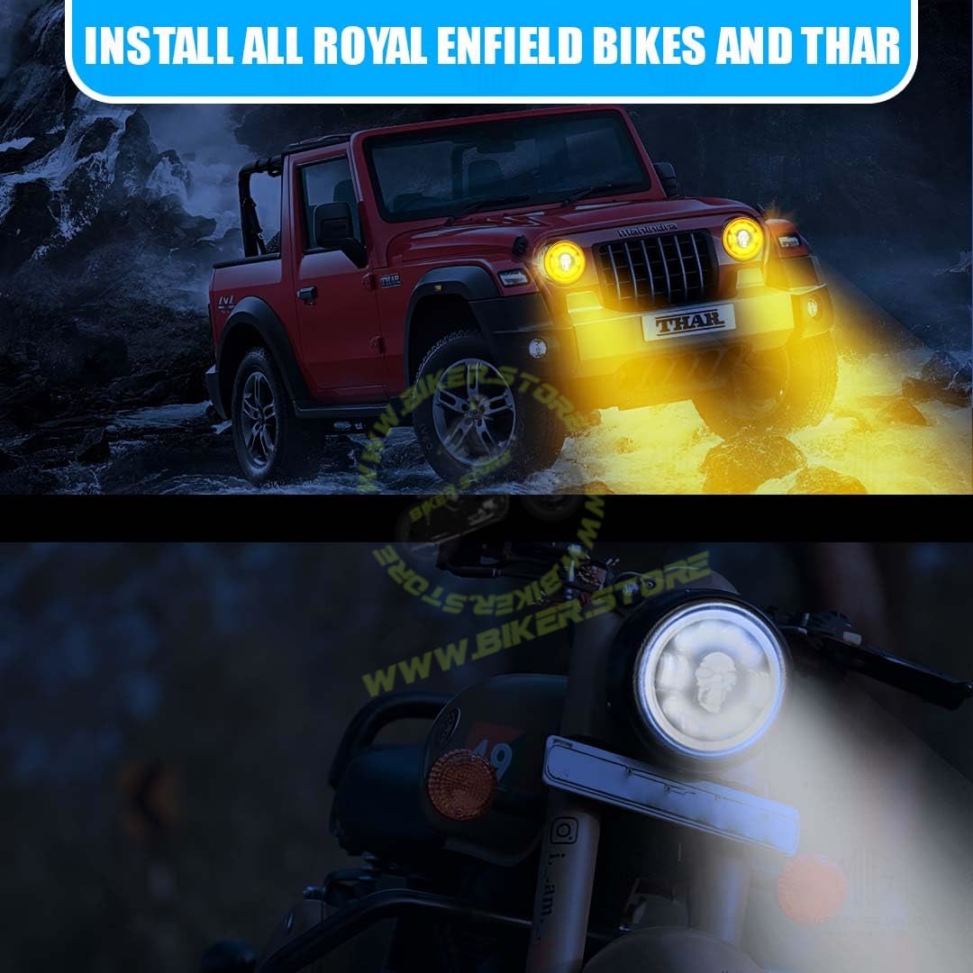 MOTO GENIUS 7 Inch Y Round LED Round Headlight for Royal Enfield & Thar | High/Low Beam, Waterproof, Luminous Mode, Acrylic & Aluminum Construction, Durable, DRL, Bright LED (Y Design) - Biker.Store - www.biker.store