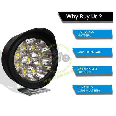 MOTO GENIUS 9 LED Round Fog Lights for Bikes | High Power, Universal Fit, Heavy Clamp, Strong Aluminum Body, Waterproof Driving Light for Motorcycle/Scooty - Biker.Store - www.biker.store