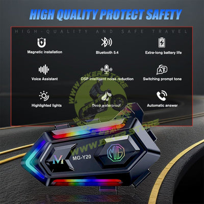 MOTO GENIUS Y20 Motorcycle Helmet Bluetooth Headset with RGB Lighting, Bluetooth 5.3, Smart Noise Reduction, HiFi Sound Quality, IPX6 Waterproof | Universal Compatibility for All Helmets - Biker.Store - www.biker.store
