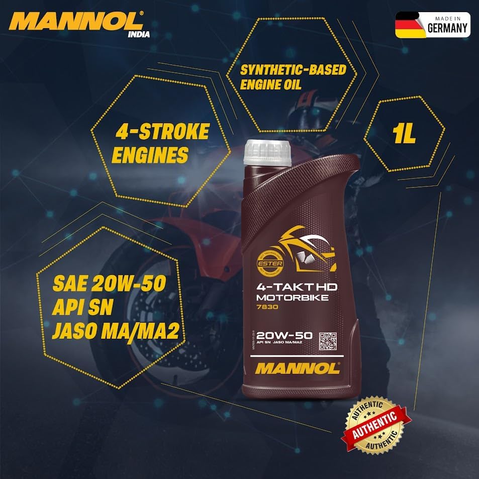 MANNOL 7830 (1L) 4-TAKT MOTORBIKE HD SAE 20W-50 API SN JASO MA/MA2 SYNTHETIC ENGINE OIL FOR 4-STROKE PETROL ENGINES OF BIKES,SCOOTERS AND MOTORCYCLES IMPORTED FROM GERMANY 1L (1) - Biker.Store - www.biker.store