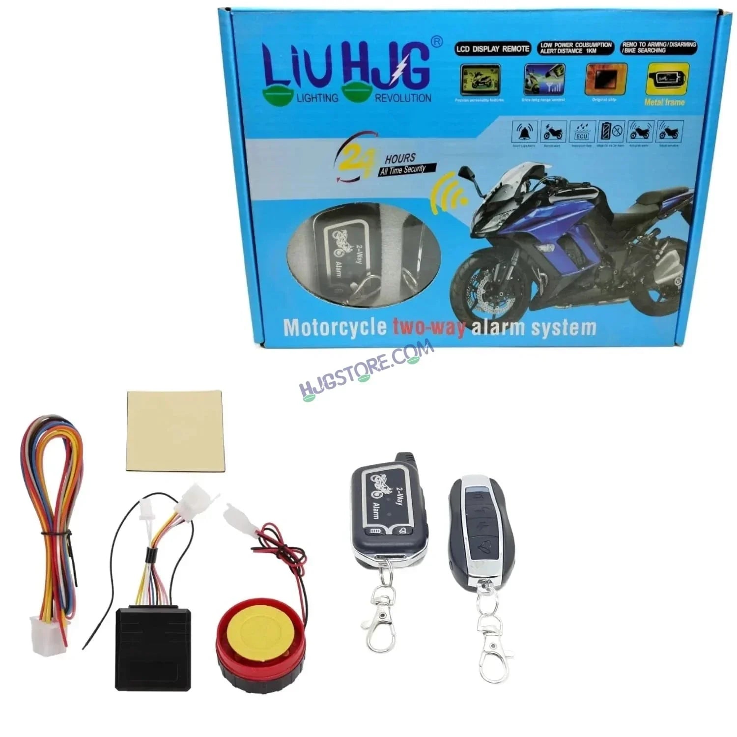 HJG Two Way Alarm System Kit Keyless Start Digital Bike Alarm Kit for Two Wheeler Security HJG Anti-Theft Alarm System Kit (Loud Siren 125 dB, Flashing Light & Shock Sensor) Universal Fit for Motorcycles & Scooters LIU HJG Keyless Two Way Alarm System Kit - Biker.Store - www.biker.store
