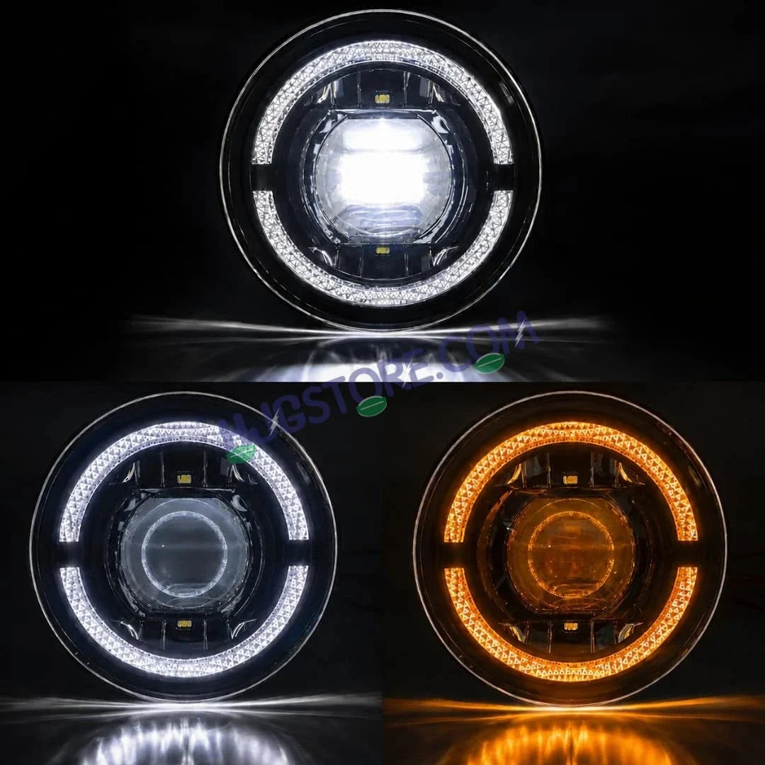 HJG C-199 Halo Ring 7 Inch Headlight Assembly White Amber 7 Inch Headlight Assembly 108W Projector Ultra Wide C-199 White LED Headlight New Projector Headlight Assembly | 108W CREE/Osram LED Chip Multi DRL Compatible with Royal Enfield, Jeep, Thar, Gypsy - HJGstore.com