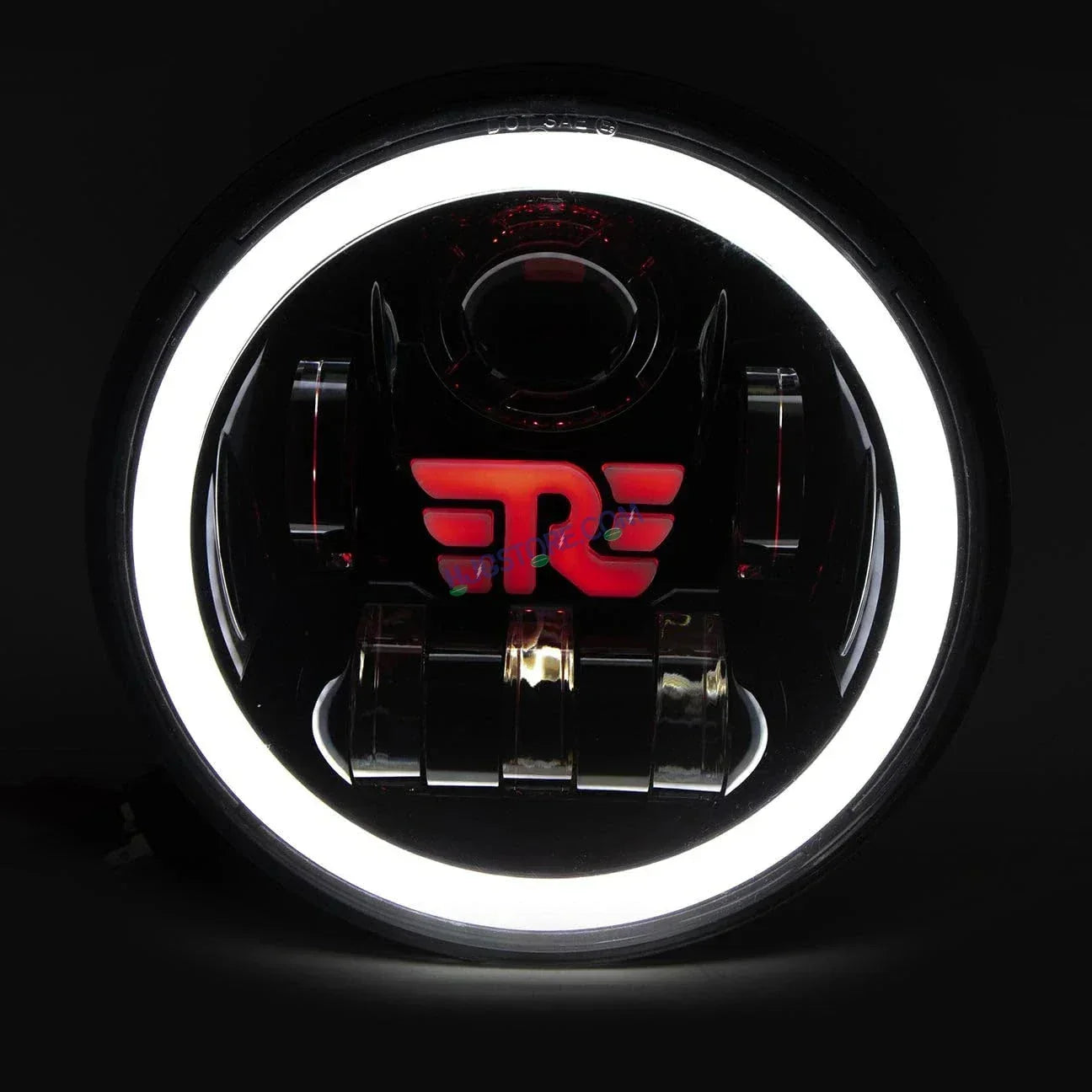 HJG 7 Inch RE Logo White LED Headlight New Model RE Logo Headlight Assembly for Royal Enfield | 75-90W CREE/Osram LED Chip Multi color Compatible with Royal Enfield, Jeep, Thar, Gypsy - Biker.Store - www.biker.store