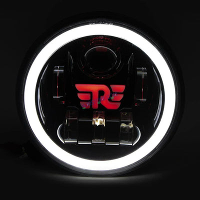 HJG 7 Inch RE Logo White LED Headlight New Model RE Logo Headlight Assembly for Royal Enfield | 75-90W CREE/Osram LED Chip Multi color Compatible with Royal Enfield, Jeep, Thar, Gypsy - Biker.Store - www.biker.store