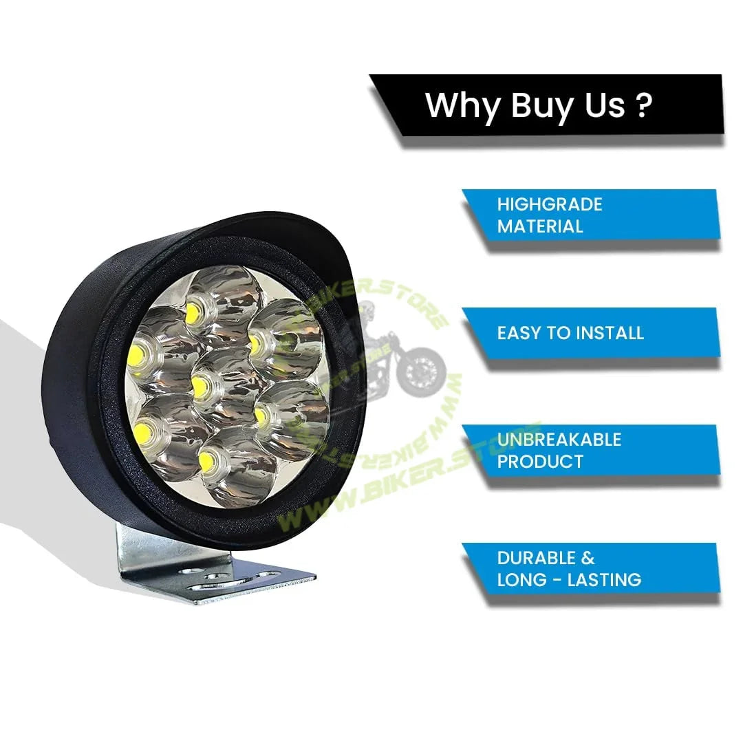 MOTO GENIUS 7 LED Round Fog Lights for Bikes | High Power, Universal Fit, Heavy Clamp, Strong Aluminum Body, Waterproof Driving Light for Motorcycle and Scooty - Biker.Store - www.biker.store