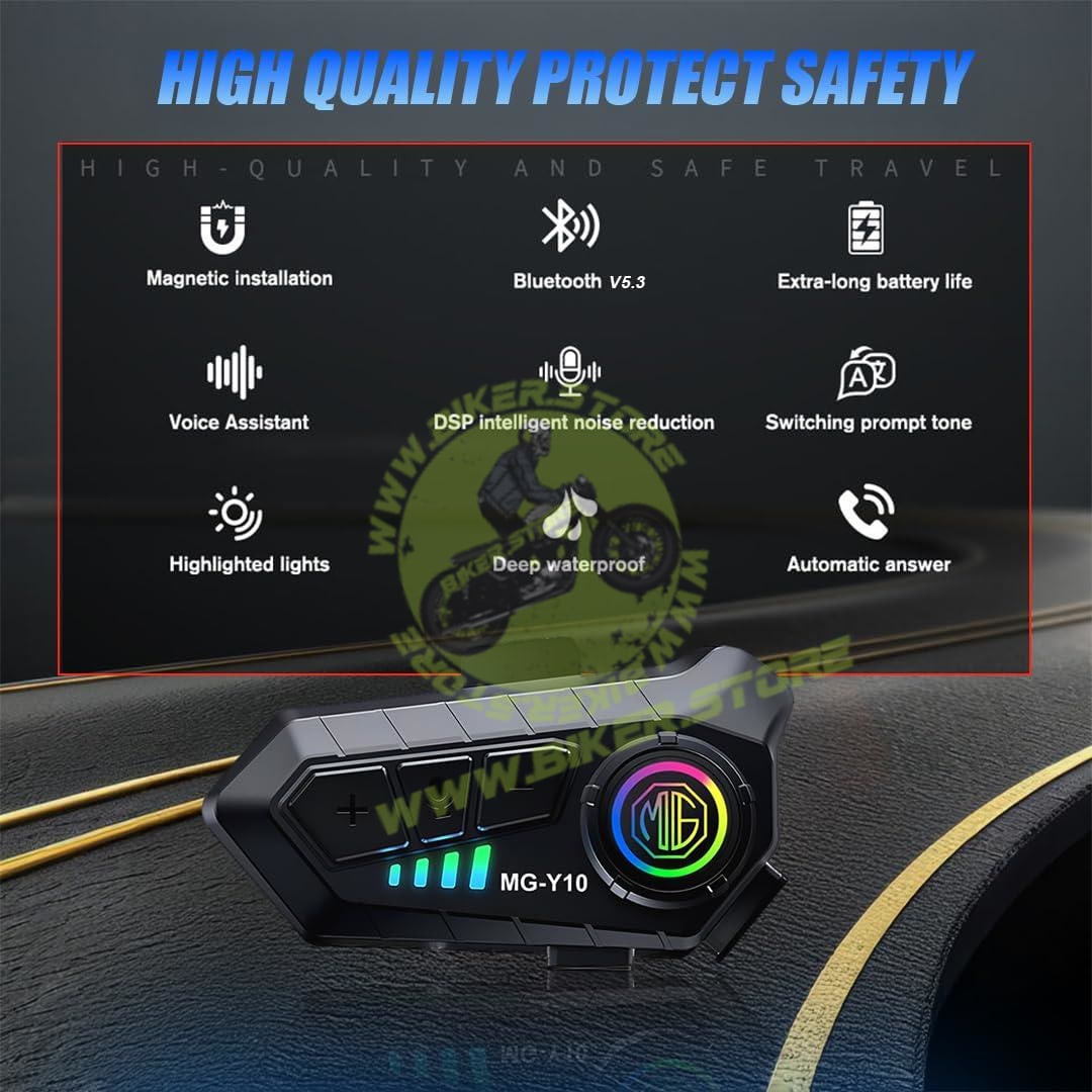 MOTO GENIUS Y10 Motorcycle Helmet Bluetooth Headset | Wireless 5.3 Waterproof IPX6, Noise Cancelling Helmet Headphones with Mic for Single Rider, Hands-Free Music & Calls - Biker.Store - www.biker.store