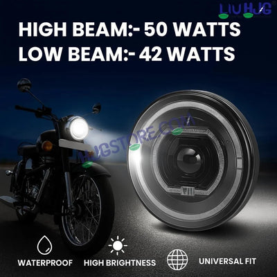 HJG C-279 Red Devil Blue Halo Ring 7 Inch Headlight Assembly 92W Projector Ultra Wide Halo Ring C-279 White LED Headlight New Projector Headlight Assembly | 92W CREE/Osram LED Chip Multi DRL Compatible with Royal Enfield, Jeep, Thar, Gypsy - Biker.Store - www.biker.store