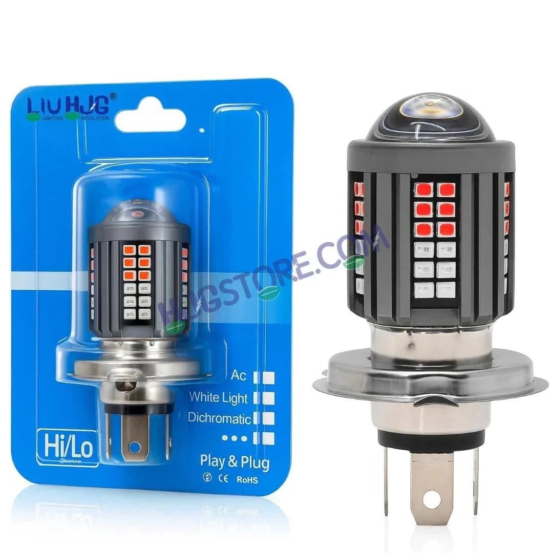 HJG H4 Lens 60 LED Red Blue Devil Lens New Model Red Blue White Yellow LED Headlight Bulb H4 For All Motorcycles (Low and High Beam Bulbs (White/Yellow/Red) Red DRL White Yellow 60W Lens) - 12V DC Hi/Lo Type H4 - Biker.Store - www.biker.store