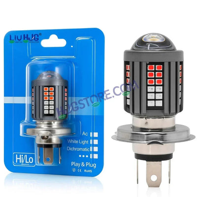 HJG H4 Lens 60 LED Red Blue Devil Lens New Model Red Blue White Yellow LED Headlight Bulb H4 For All Motorcycles (Low and High Beam Bulbs (White/Yellow/Red) Red DRL White Yellow 60W Lens) - 12V DC Hi/Lo Type H4 - Biker.Store - www.biker.store