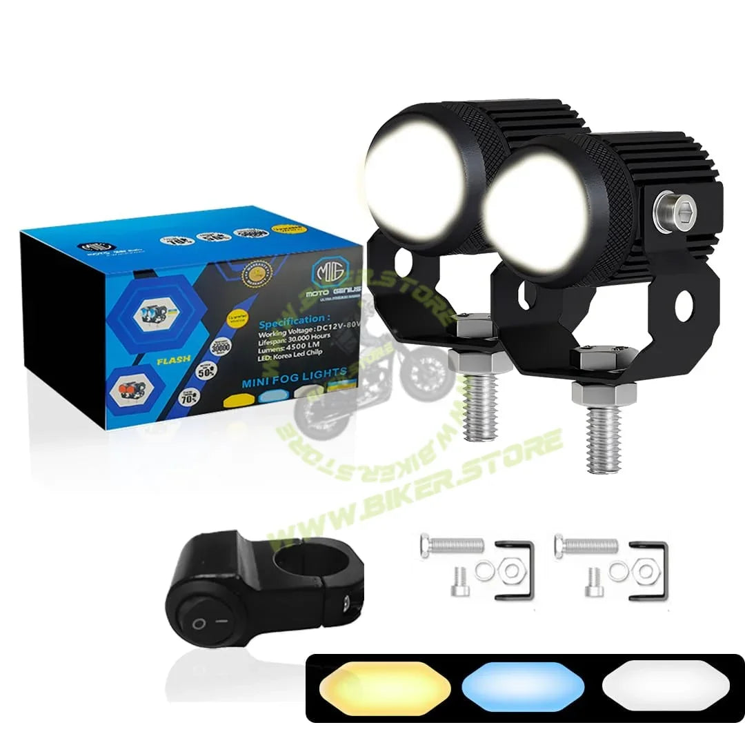 MOTO GENIUS LED Fog Lights with Switch for Car Motorcycle Scooter | 2PCS 20W Each (40W Total), Triple Color White Yellow Blue, Hi/Lo Beam, Waterproof, Universal for Car & Motorcycle | Pack of 2 - Biker.Store - www.biker.store