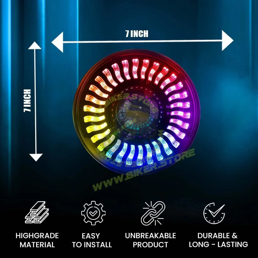 MOTO GENIUS 7 Inch RGB LED Round Headlight for Royal Enfield & Thar | High/Low Beam, Waterproof, Luminous Mode, Acrylic & Aluminum Construction, Durable, DRL, Bright LED (RGB Design) - Biker.Store - www.biker.store