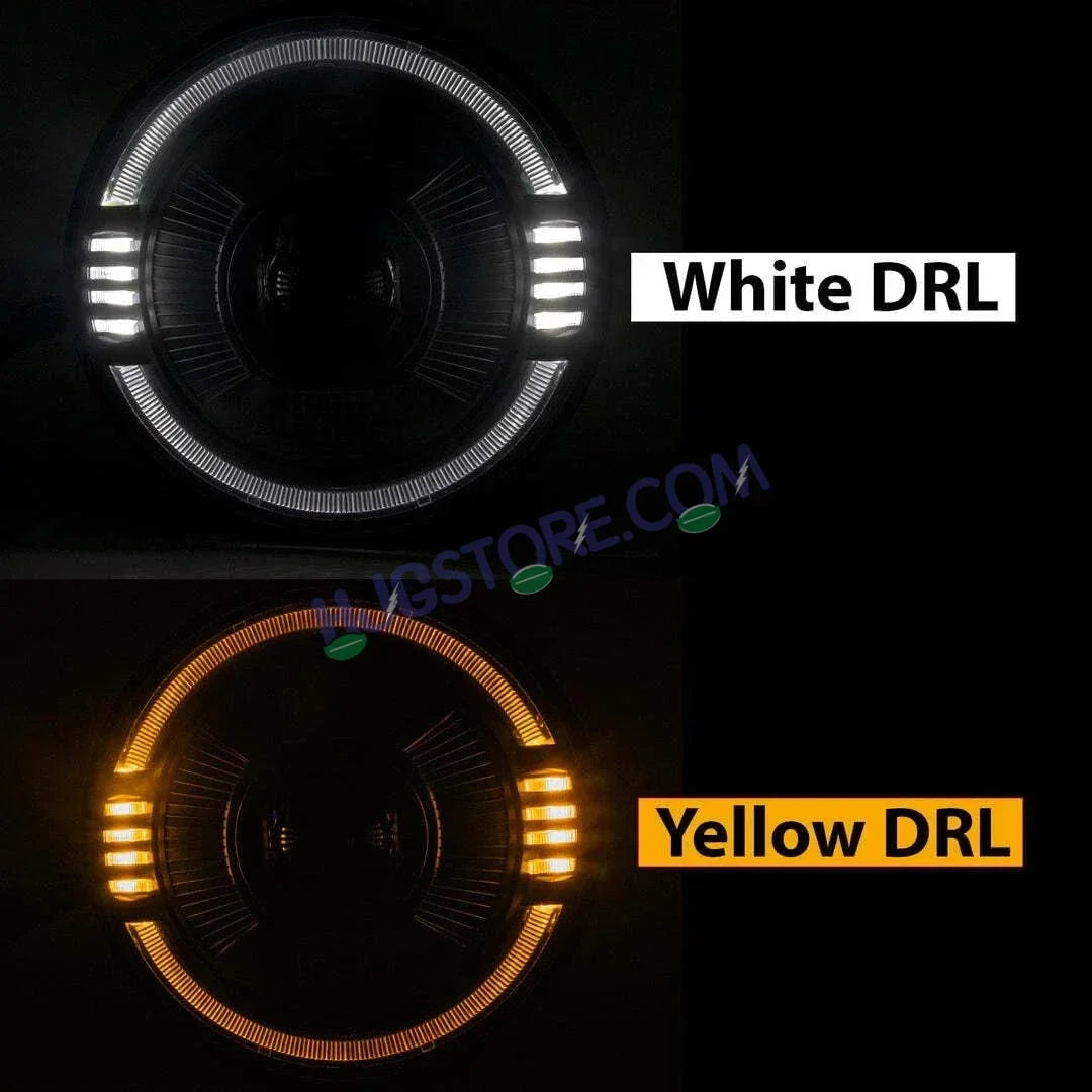 HJG Ring Projector 7 Inch C-216 Headlight Assembly Projector Ultra Wide 7 Inch Headlight Assembly 90W White LED Headlight Assembly for Royal Enfield | 80-100W CREE/Osram LED Chip Multi color White/Yellow Compatible with Royal Enfield, Jeep, Thar, Gypsy - Biker.Store - www.biker.store