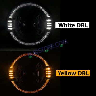 HJG Ring Projector 7 Inch C-216 Headlight Assembly Projector Ultra Wide 7 Inch Headlight Assembly 90W White LED Headlight Assembly for Royal Enfield | 80-100W CREE/Osram LED Chip Multi color White/Yellow Compatible with Royal Enfield, Jeep, Thar, Gypsy - Biker.Store - www.biker.store
