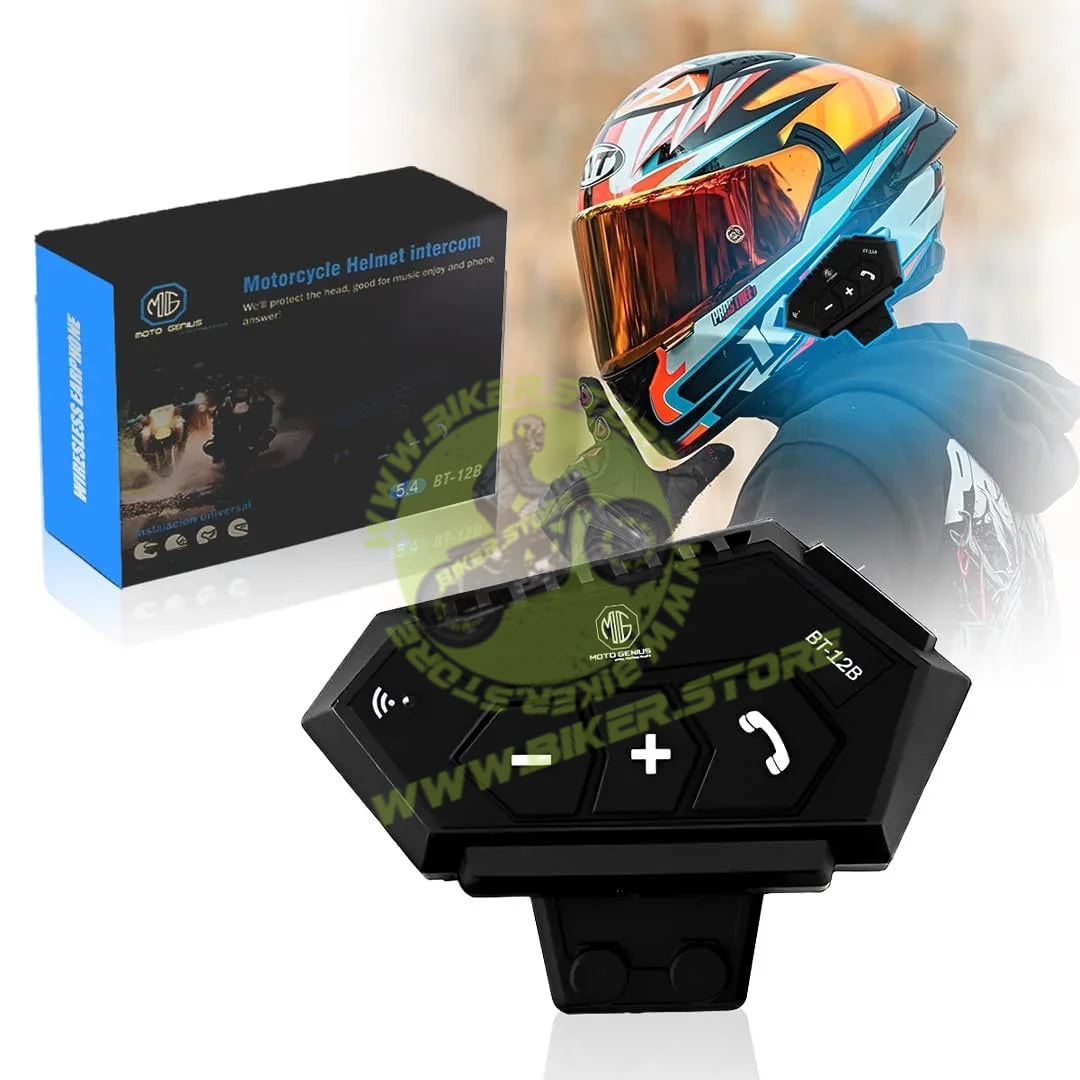 MOTO GENIUS BT12B Motorcycle Helmet Bluetooth Headset, Wireless Dual On-Ear Speakers with Mic, Hands-Free Calling & Music, Noise Reduction, Fast Charging, Universal Fit for All Helmets - Biker.Store - www.biker.store
