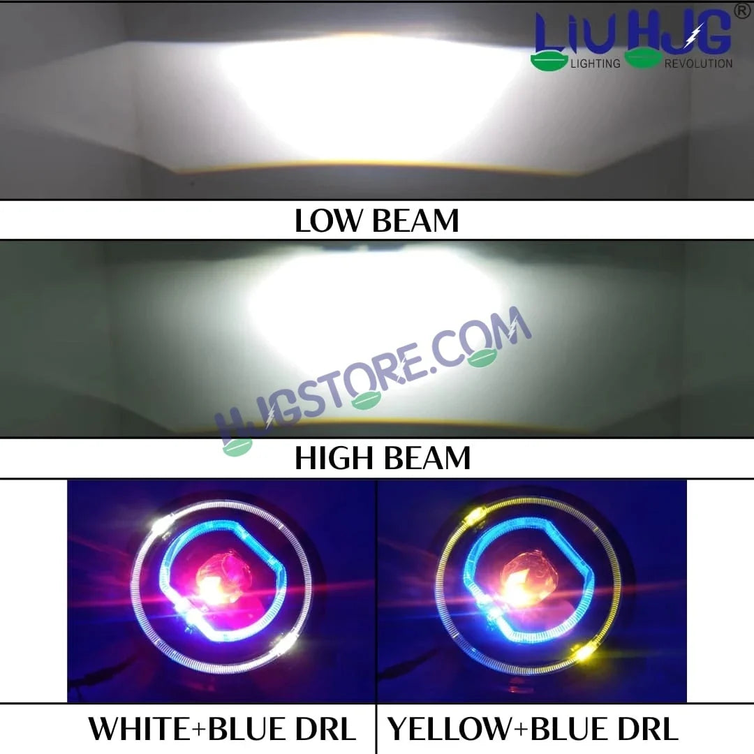 HJG C-279 Red Devil Blue Halo Ring 7 Inch Headlight Assembly 92W Projector Ultra Wide Halo Ring C-279 White LED Headlight New Projector Headlight Assembly | 92W CREE/Osram LED Chip Multi DRL Compatible with Royal Enfield, Jeep, Thar, Gypsy - Biker.Store - www.biker.store