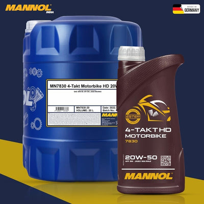 MANNOL 7830 (1L) 4-TAKT MOTORBIKE HD SAE 20W-50 API SN JASO MA/MA2 SYNTHETIC ENGINE OIL FOR 4-STROKE PETROL ENGINES OF BIKES,SCOOTERS AND MOTORCYCLES IMPORTED FROM GERMANY 1L (1) - Biker.Store - www.biker.store