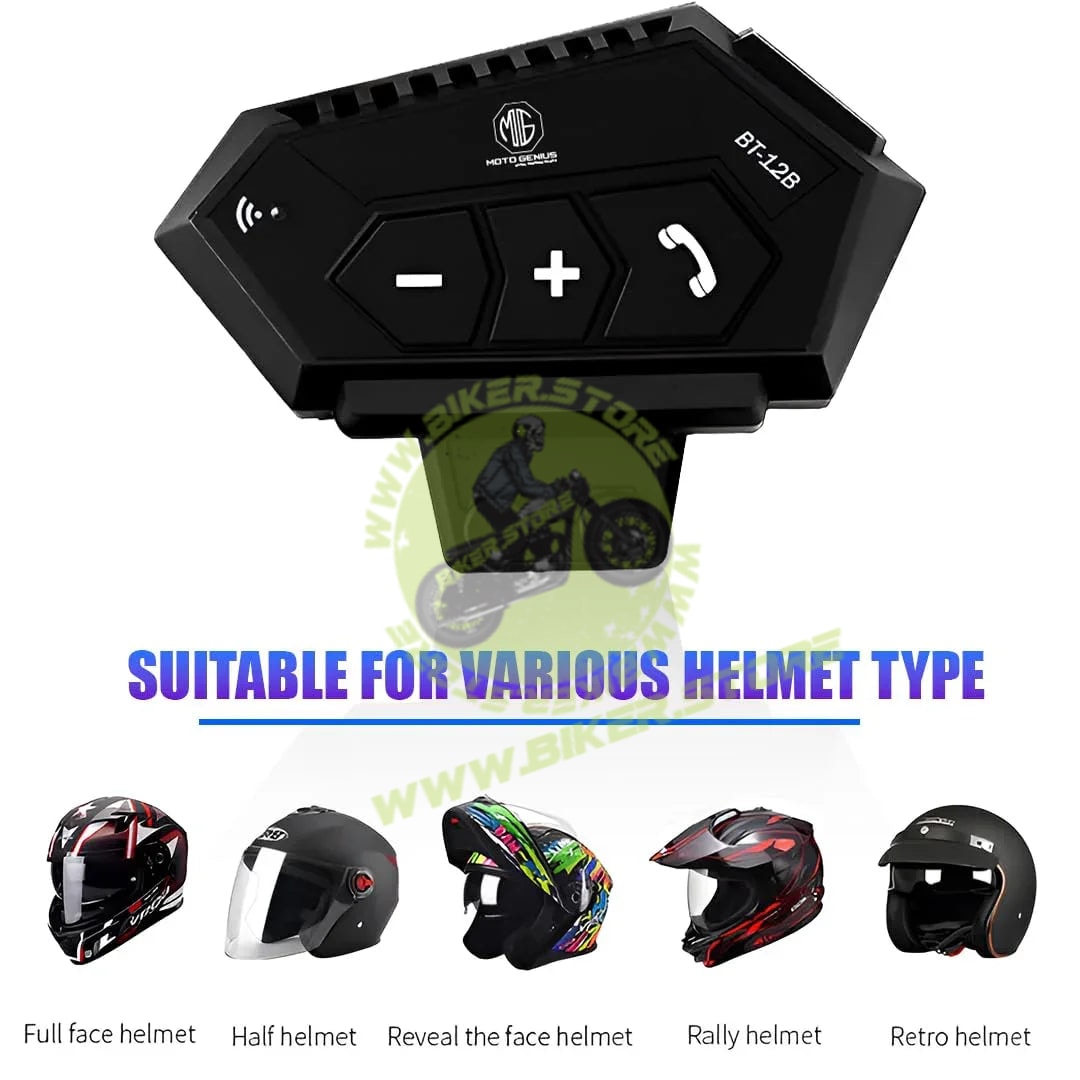 MOTO GENIUS BT12B Motorcycle Helmet Bluetooth Headset, Wireless Dual On-Ear Speakers with Mic, Hands-Free Calling & Music, Noise Reduction, Fast Charging, Universal Fit for All Helmets - Biker.Store - www.biker.store