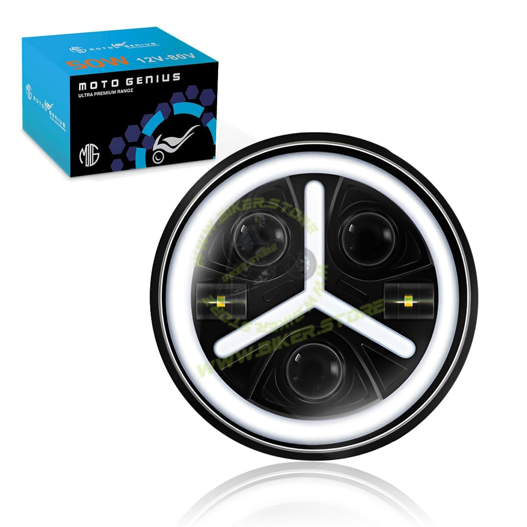 MOTO GENIUS 7 Inch Y Round LED Round Headlight for Royal Enfield & Thar | High/Low Beam, Waterproof, Luminous Mode, Acrylic & Aluminum Construction, Durable, DRL, Bright LED (Y Design) - Biker.Store - www.biker.store