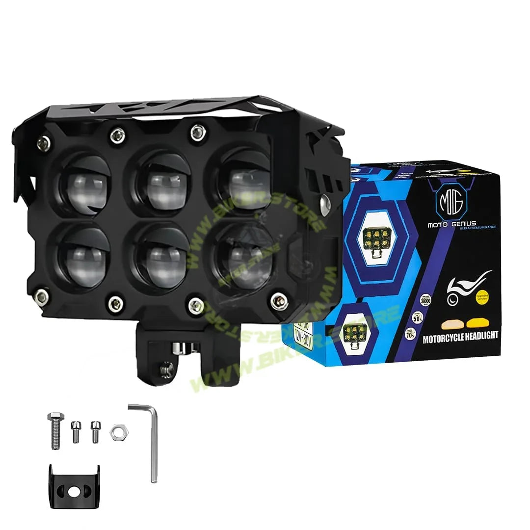 MOTO GENIUS 60W Super Bright 6 LED Fog Light | Dual Color & | High/Low Beam | Waterproof Aluminum Housing | Universal Fit for Car & Motorcycle - Biker.Store - www.biker.store