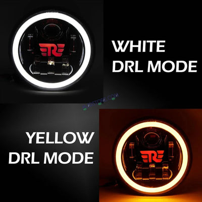 HJG 7 Inch RE Logo White LED Headlight New Model RE Logo Headlight Assembly for Royal Enfield | 75-90W CREE/Osram LED Chip Multi color Compatible with Royal Enfield, Jeep, Thar, Gypsy - Biker.Store - www.biker.store