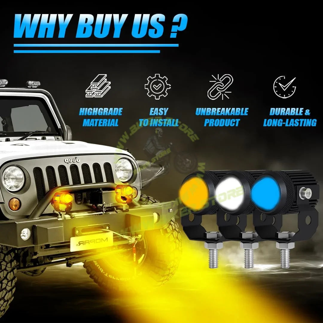 MOTO GENIUS LED Fog Lights with Switch for Car Motorcycle Scooter | 2PCS 20W Each (40W Total), Triple Color White Yellow Blue, Hi/Lo Beam, Waterproof, Universal for Car & Motorcycle | Pack of 2 - Biker.Store - www.biker.store