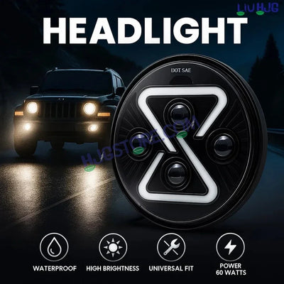 HJG 7 Inch Z Shape Animated Blue DRL White LED Headlight New Model Z Shape Headlight Assembly for Thar Royal Enfield | 75-120W CREE/Osram LED Chip Multi color Compatible with Royal Enfield, Jeep, Thar, Gypsy - Biker.Store - www.biker.store