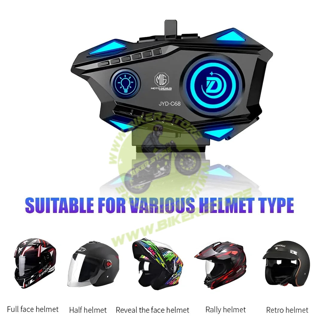MOTO GENIUS JYD-C68 Bluetooth Helmet Headset for Motorcycle Riders | Wireless Hands-Free Music & Call System, Noise Reduction Mic, Waterproof IPX56, 25H Battery, RGB Light - Biker.Store - www.biker.store