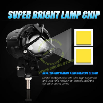 MOTO GENIUS 60W (Per Piece) LED Fog Lights ( without harness ) for Bike, Car, Motorcycle | Dual Color White & Yellow Projector Lights, Waterproof Y Shape Laser Beam Driving Lamps, High Brightness, Universal Fit (Pack of 2) - Biker.Store - www.biker.store