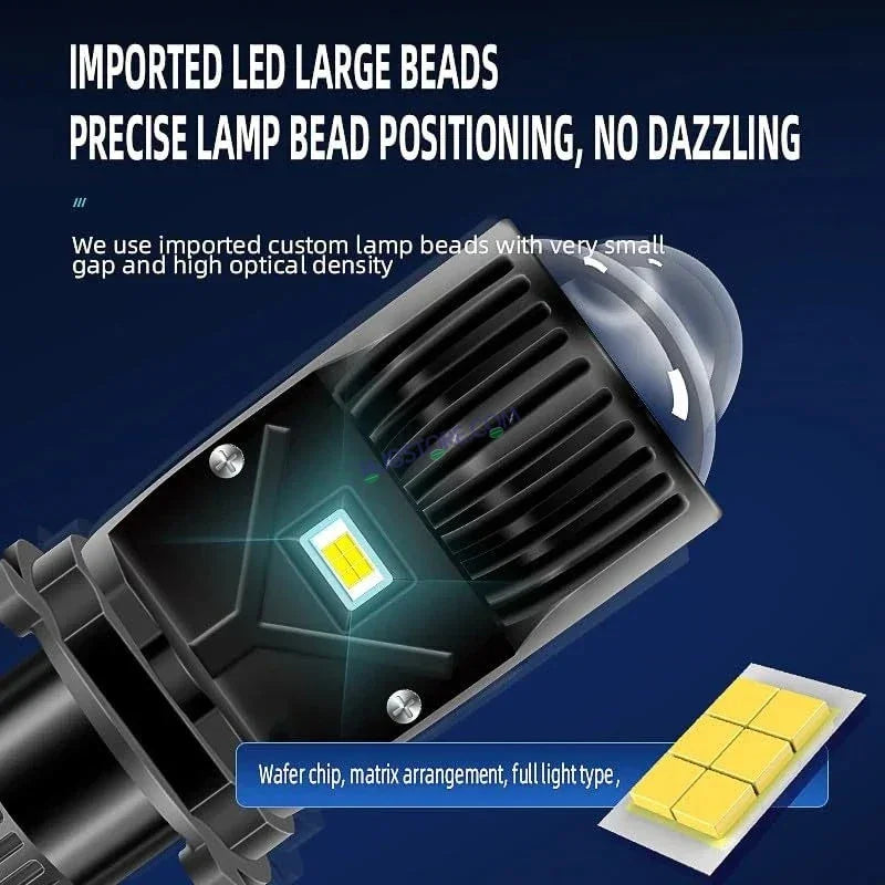 HJG H4 Dual Y6 Condenser RTD Lens Dual Projector Lens Projector Lens LED Headlight Bulb for car | Hi/Lo Beam Headlight 12V-80V | 100W | 5000LM | 3 Pin Projector h4 Headlight with Fan | (Pack of 2) - Biker.Store - www.biker.store