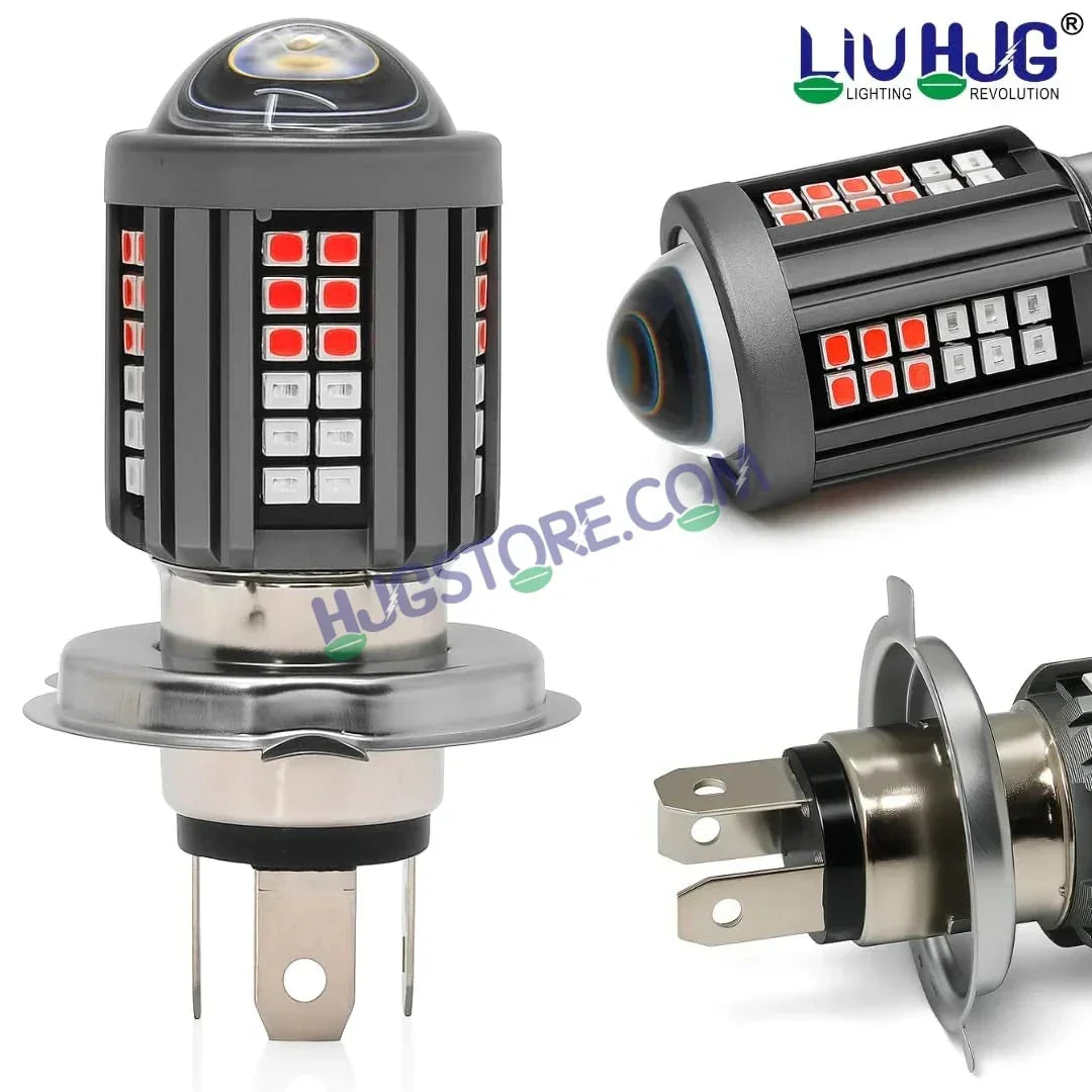 HJG H4 Lens 60 LED Red Blue Devil Lens New Model Red Blue White Yellow LED Headlight Bulb H4 For All Motorcycles (Low and High Beam Bulbs (White/Yellow/Red) Red DRL White Yellow 60W Lens) - 12V DC Hi/Lo Type H4 - Biker.Store - www.biker.store