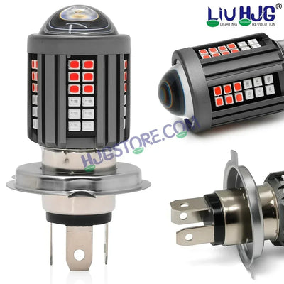 HJG H4 Lens 60 LED Red Blue Devil Lens New Model Red Blue White Yellow LED Headlight Bulb H4 For All Motorcycles (Low and High Beam Bulbs (White/Yellow/Red) Red DRL White Yellow 60W Lens) - 12V DC Hi/Lo Type H4 - Biker.Store - www.biker.store