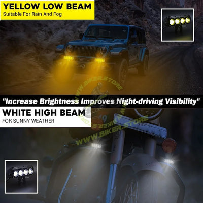 MOTO GENIUS Super Bright 4 LED Fog Light with Switch | Dual Mode and Changing Light, High Low Beam, Aluminum Body, Universal Fit for Motorcycle and Car (Pack of 2) - Biker.Store - www.biker.store