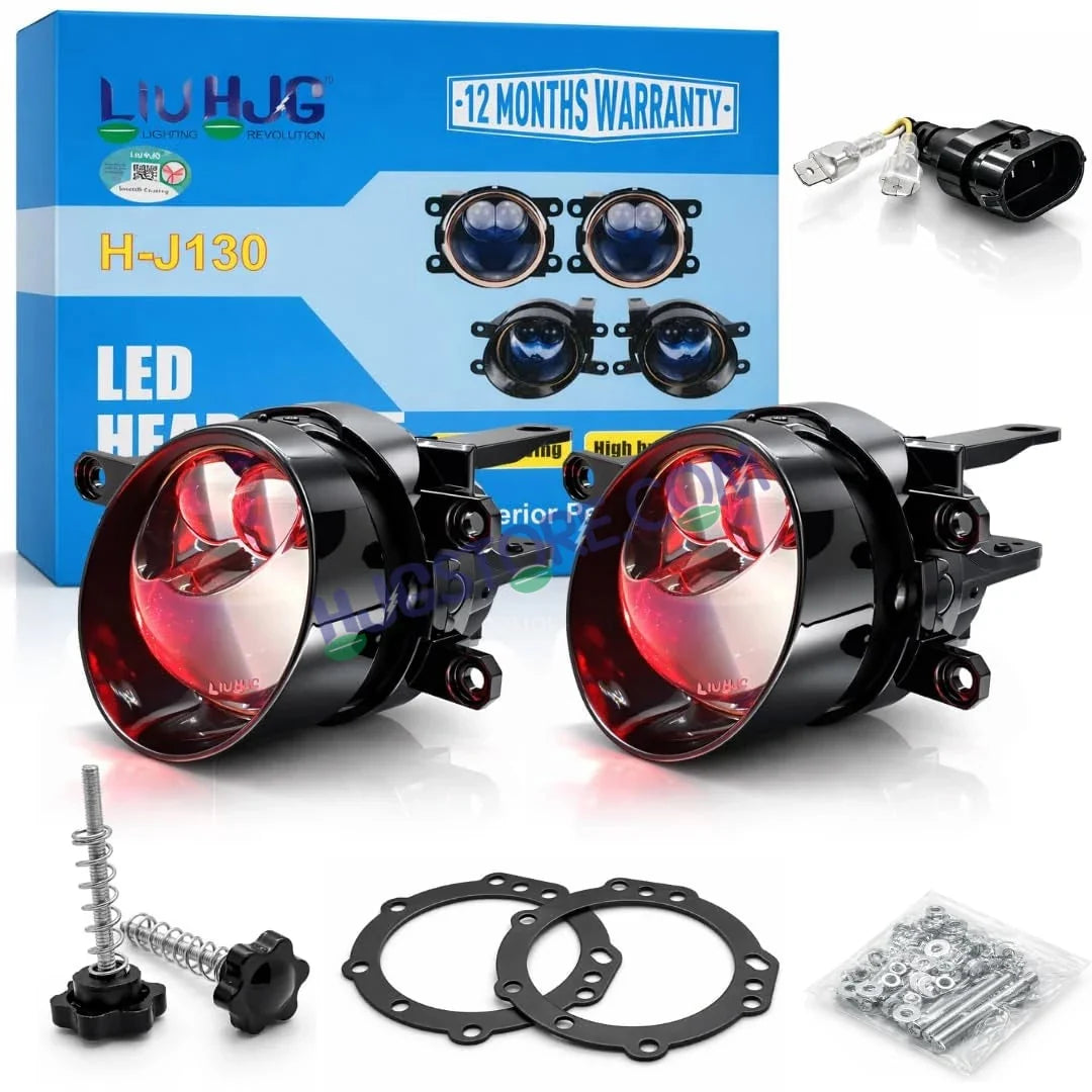 HJG 3 Inch Bi LED Projector Lens Laser Fog Lamp H8/H9/H11/H16 with Toyota Fitting Mounts with Cap Waterproof & Heat Dissipation 120W 12V DC Power Yellow/White/Red Light Reflection Universal Fit All Bikes & Cars Model with Toyota Fitting Mounts, Pack of 2 - Biker.Store - www.biker.store