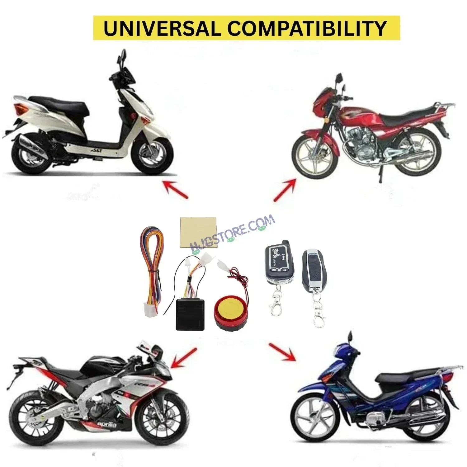 HJG Two Way Alarm System Kit Keyless Start Digital Bike Alarm Kit for Two Wheeler Security HJG Anti-Theft Alarm System Kit (Loud Siren 125 dB, Flashing Light & Shock Sensor) Universal Fit for Motorcycles & Scooters LIU HJG Keyless Two Way Alarm System Kit - Biker.Store - www.biker.store