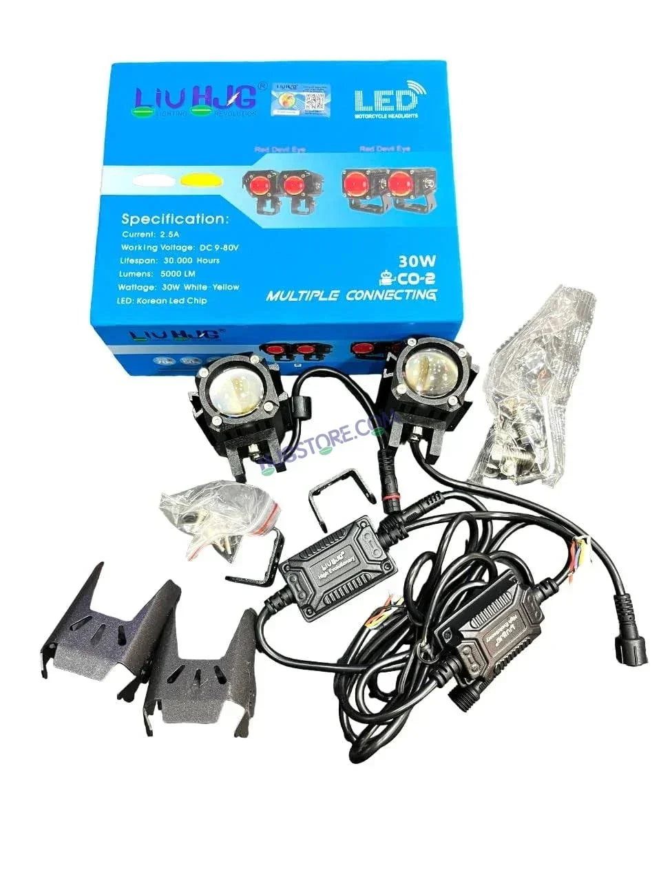 HJG CO-2 30W plus 30W 60W (30 * 2) Future 1 LED Mini Drive Light Red Devil Eye Light Co2 Multiple Connecting Red Yellow White Color With Wiring Harness Kit - Biker.Store - www.biker.store