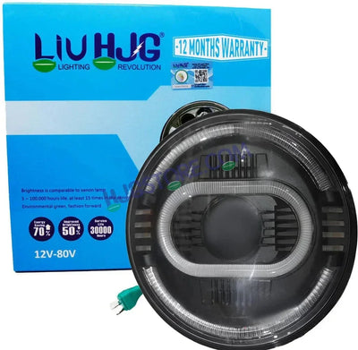 HJG Oval Ring Projector 7 Inch C-216 Headlight Assembly Projector Ultra Wide 7 Inch Headlight Assembly 90W White LED Headlight Assembly for Royal Enfield | 80-100W CREE/Osram LED Chip Multi White/Yellow Compatible with Royal Enfield, Jeep, Thar, Gypsy - Biker.Store - www.biker.store