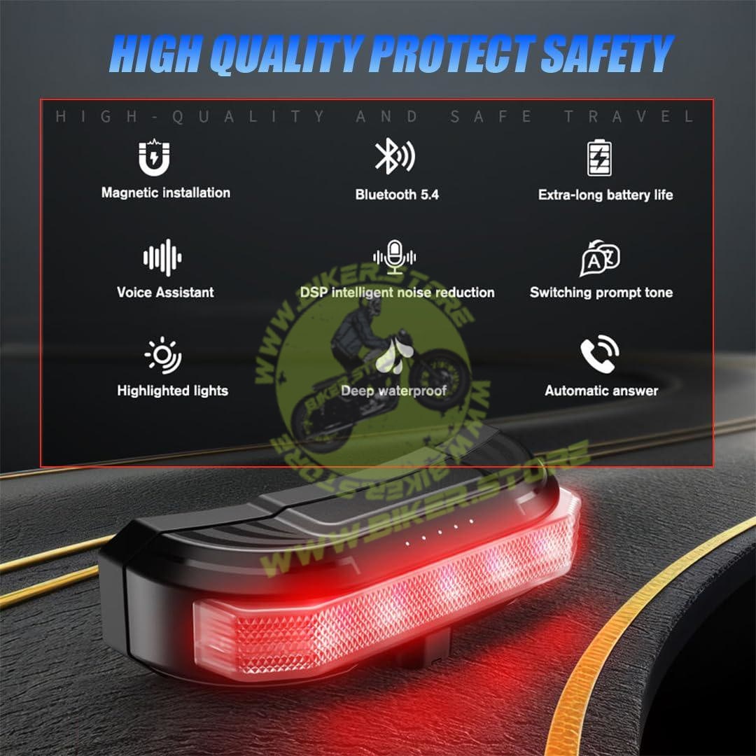 MOTO GENIUS BT80 Motorcycle Helmet Bluetooth Headset with LED Warning Light, Magnetic Mount, Bass Speakers, Fast Charging, Waterproof, for All Helmets - Biker.Store - www.biker.store