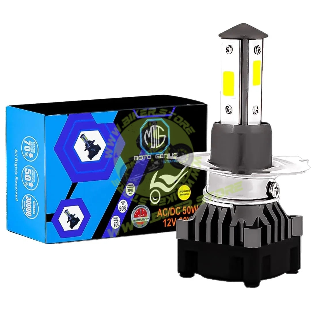 MOTO GENIUS Super Bright 50W LED Headlight Conversion Kit for Car & Motorbike – Waterproof, Energy Efficient, High Performance, Steel & Aluminium Housing – Easy Installation(H4) - Biker.Store - www.biker.store